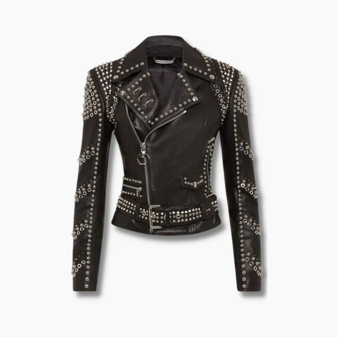 Avery Black Leather Silver Studs Biker Jacket