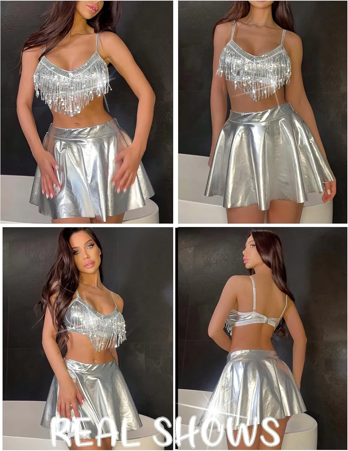 Avidlove Rave Outfits for Women Sequin Fringe Outfits Cosplay Lingerie 3pack Costume Set with Metallic Skirt