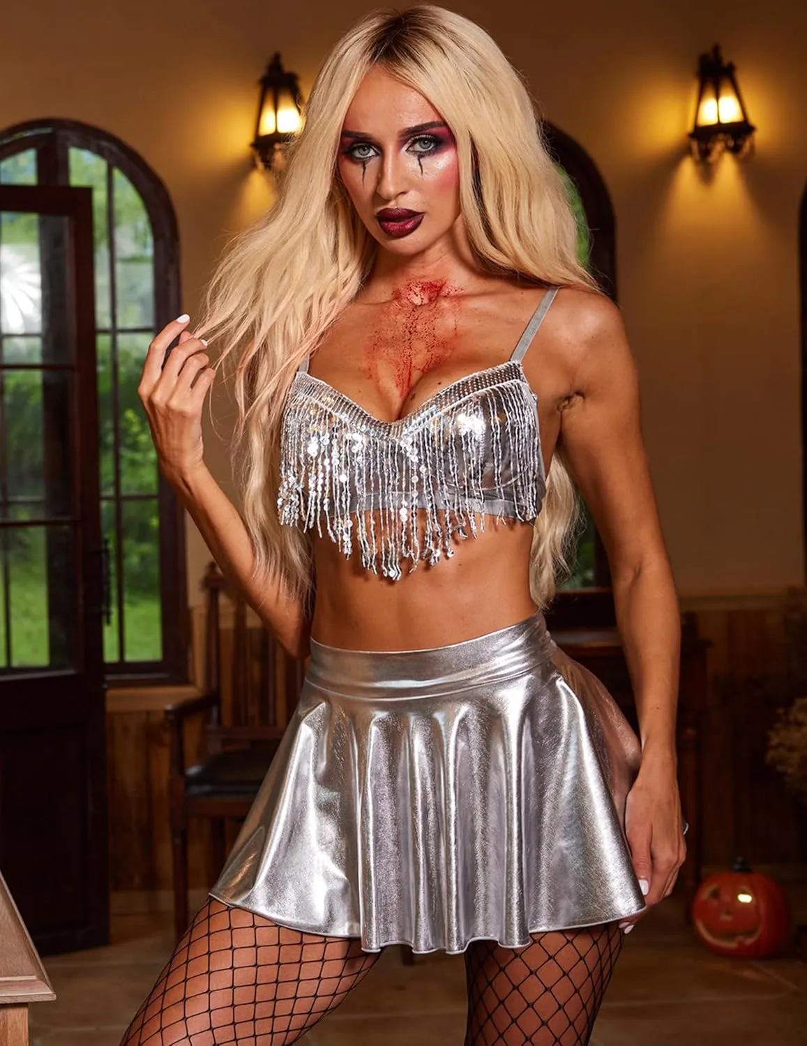 Avidlove Rave Outfits for Women Sequin Fringe Outfits Cosplay Lingerie 3pack Costume Set with Metallic Skirt