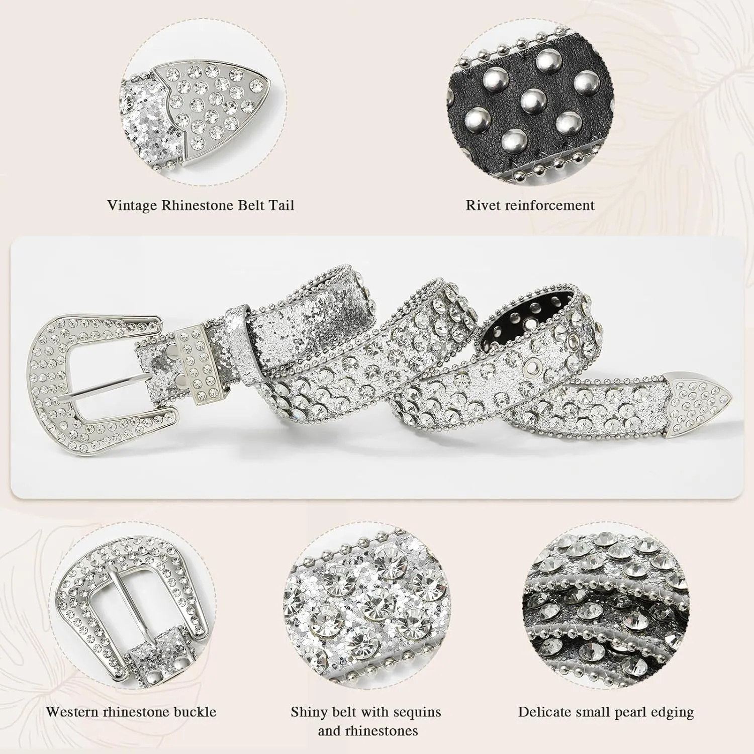 AWAYTR Rhinestone Belt for Women Men - Western Cowgirl Sequin Diamond Bling Studded Belts for Jeans Pants