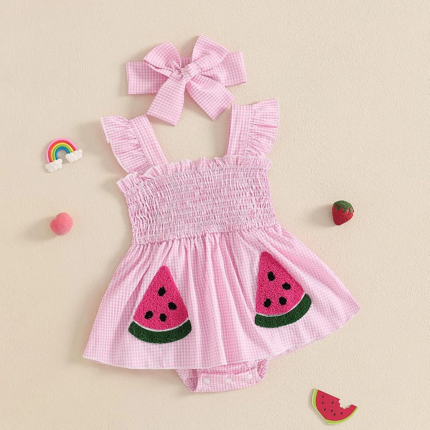 Baby Bodysuit Dress Girl Summer Dress Ruffle Fruit Clothes Shirred Smocked Infant Rompers Plaid Boho Dress Outfits