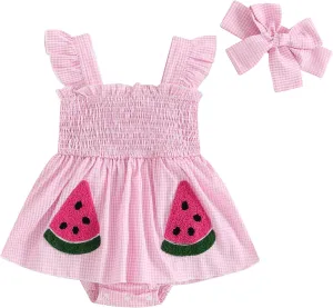 Baby Bodysuit Dress Girl Summer Dress Ruffle Fruit Clothes Shirred Smocked Infant Rompers Plaid Boho Dress Outfits