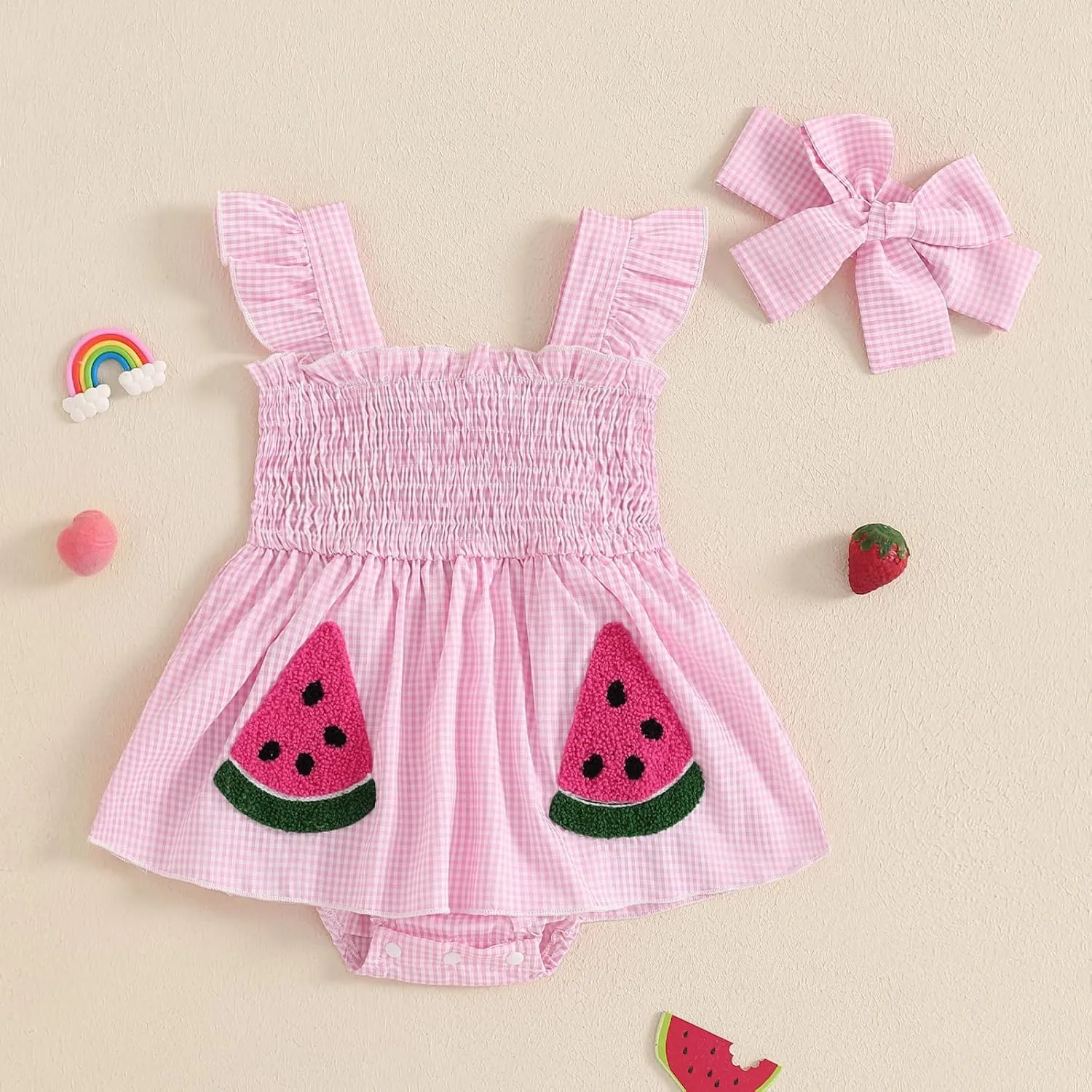 Baby Bodysuit Dress Girl Summer Dress Ruffle Fruit Clothes Shirred Smocked Infant Rompers Plaid Boho Dress Outfits