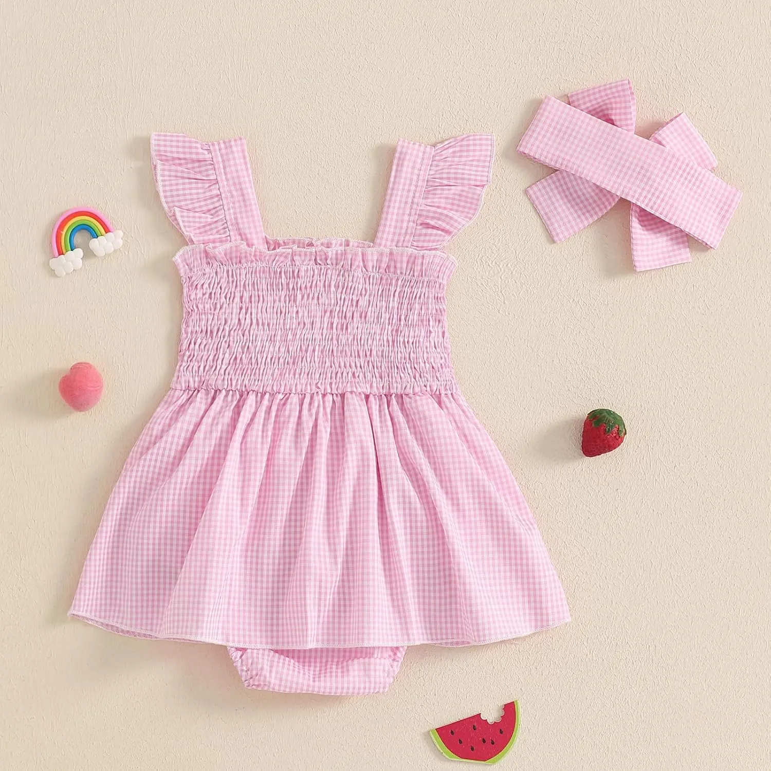 Baby Bodysuit Dress Girl Summer Dress Ruffle Fruit Clothes Shirred Smocked Infant Rompers Plaid Boho Dress Outfits