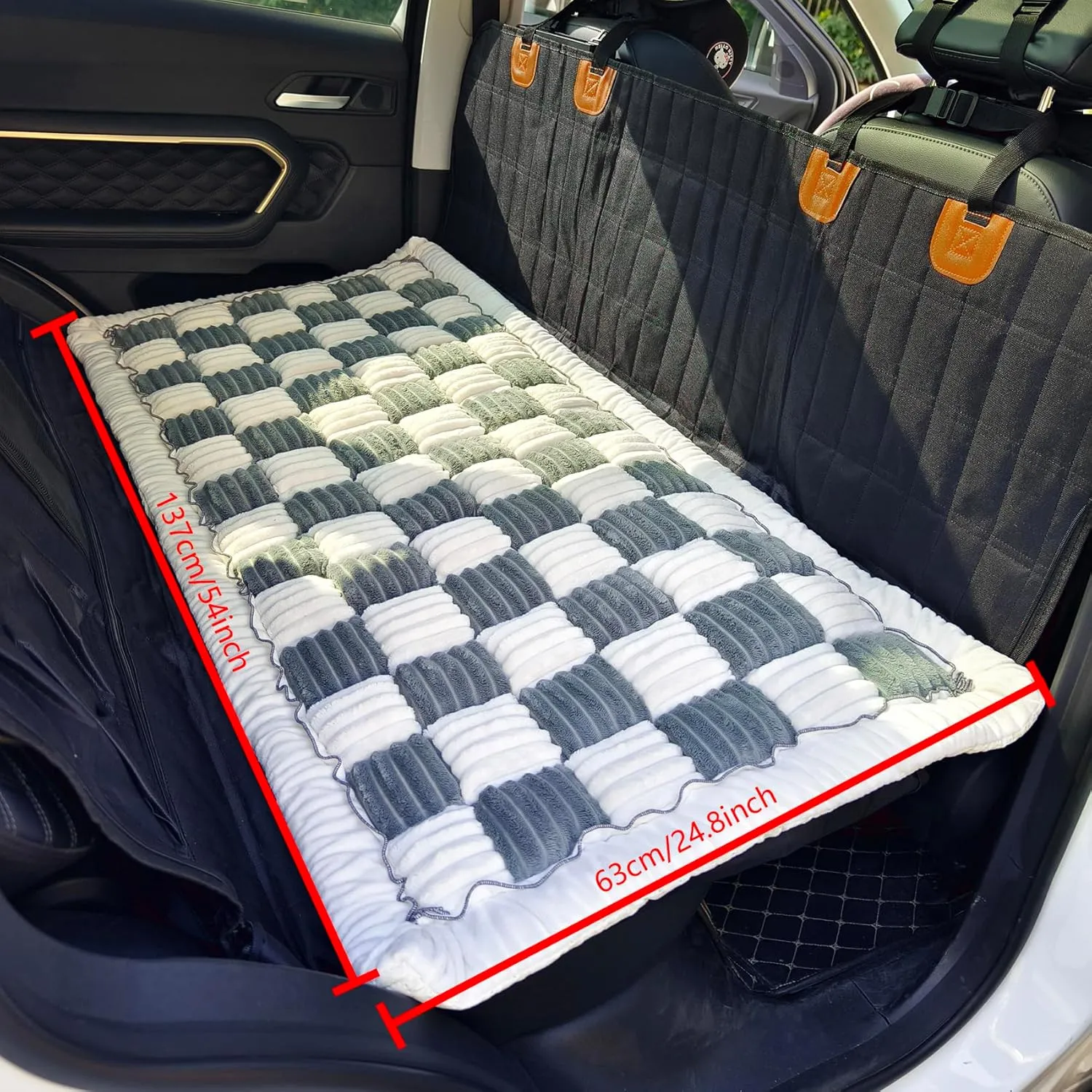 Backseat Pet Bed Mat, Plaid Dog Bed for Car Back Seat, Furry Dog Covers for Loveseats, Non-Slip Travel Dog Bed, Custom Fit for Backseat Extenders and Seat Covers (BlueGrey&White, 24.8x54 inch)
