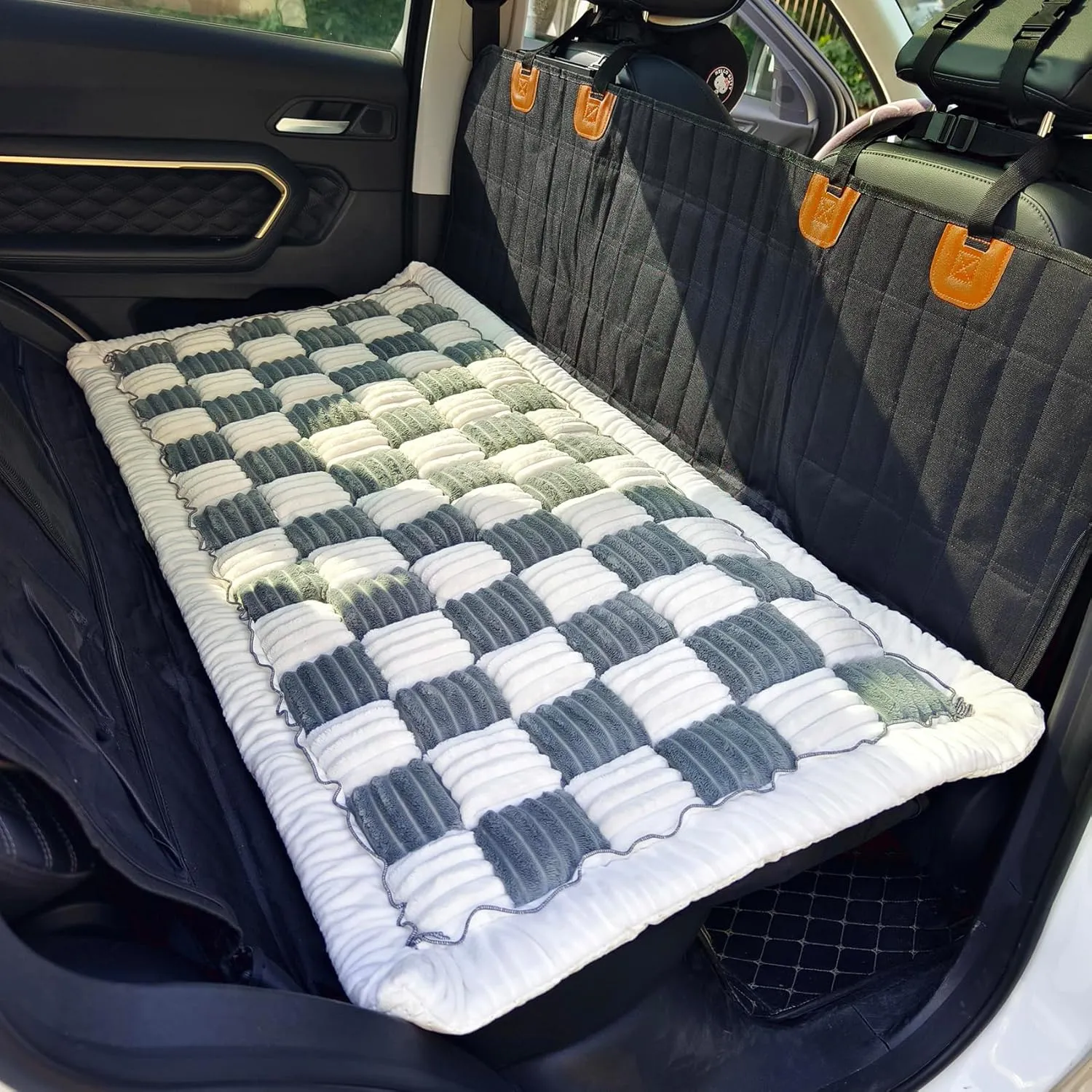 Backseat Pet Bed Mat, Plaid Dog Bed for Car Back Seat, Furry Dog Covers for Loveseats, Non-Slip Travel Dog Bed, Custom Fit for Backseat Extenders and Seat Covers (BlueGrey&White, 24.8x54 inch)