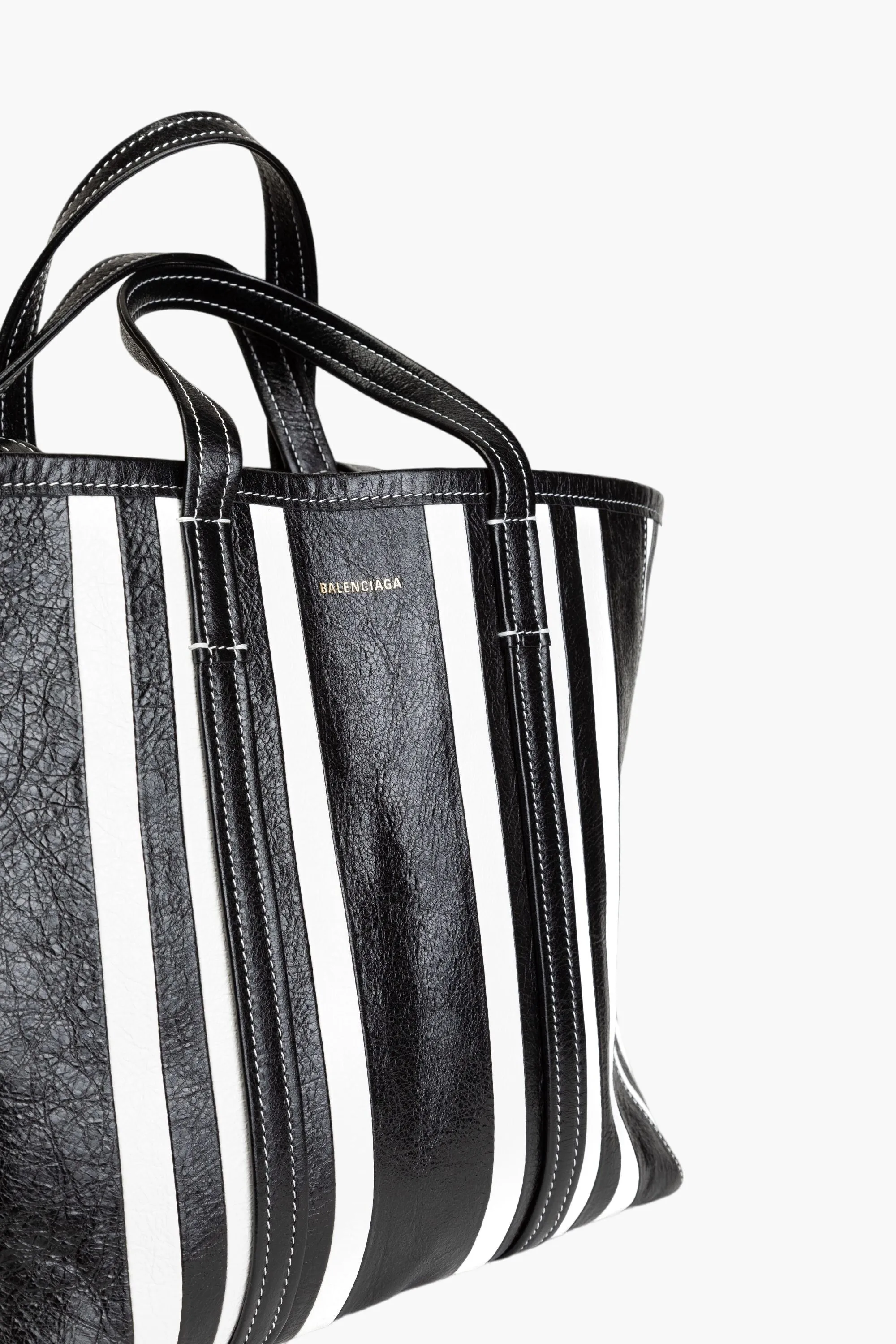 Balenciaga Black and White Striped Leather Tote Bag