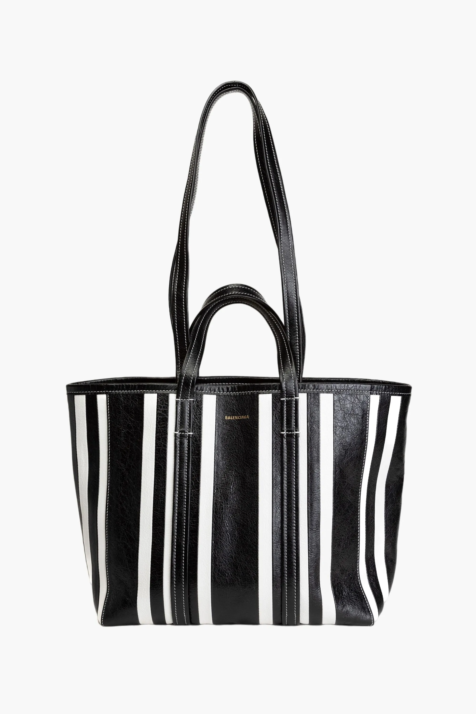 Balenciaga Black and White Striped Leather Tote Bag