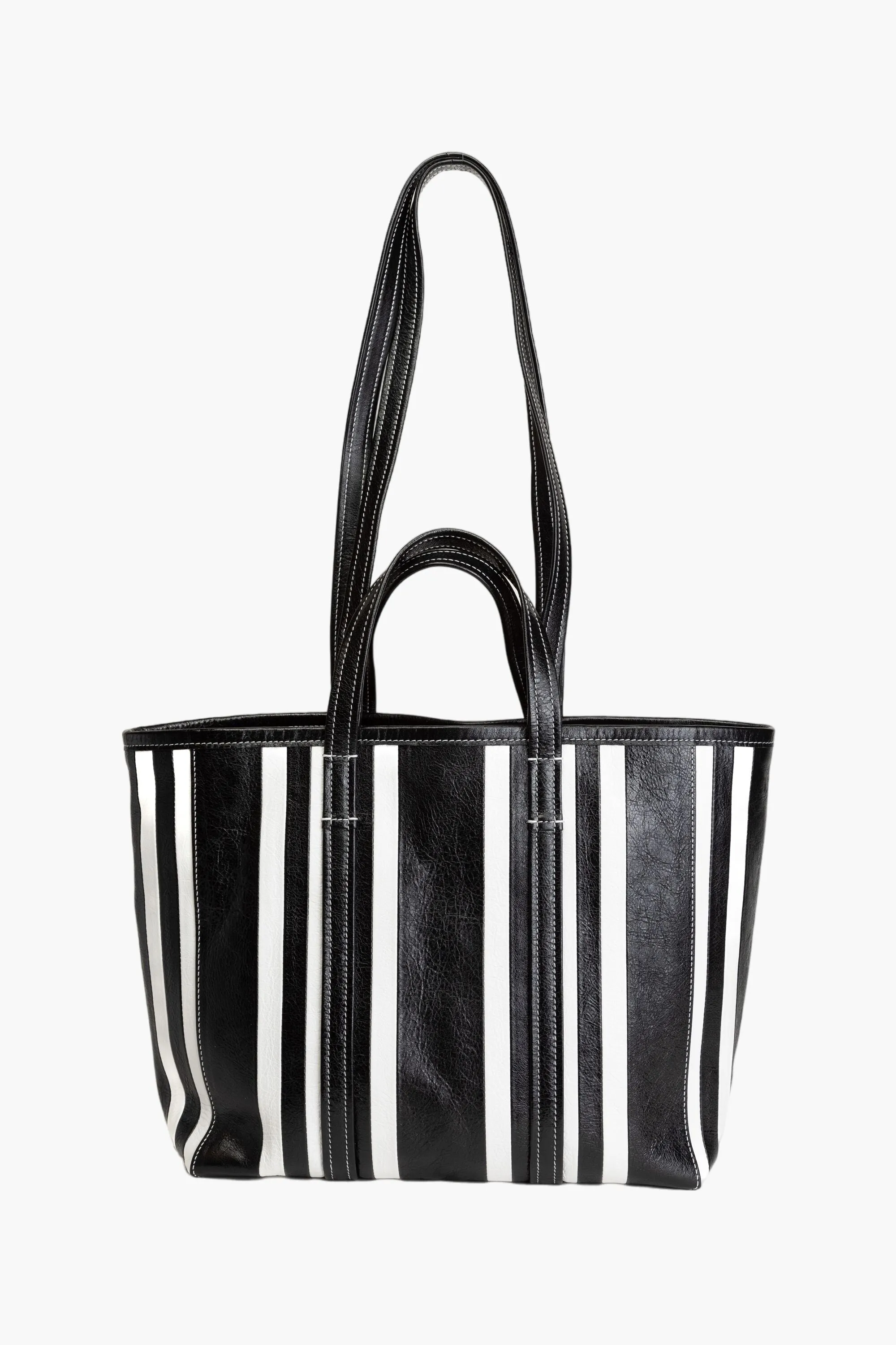 Balenciaga Black and White Striped Leather Tote Bag