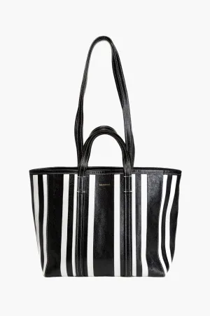 Balenciaga Black and White Striped Leather Tote Bag