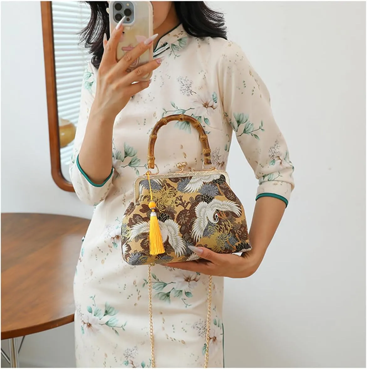 Bamboo Top-Handle Handbag Women's Shoulder Crossbody Bag for Women