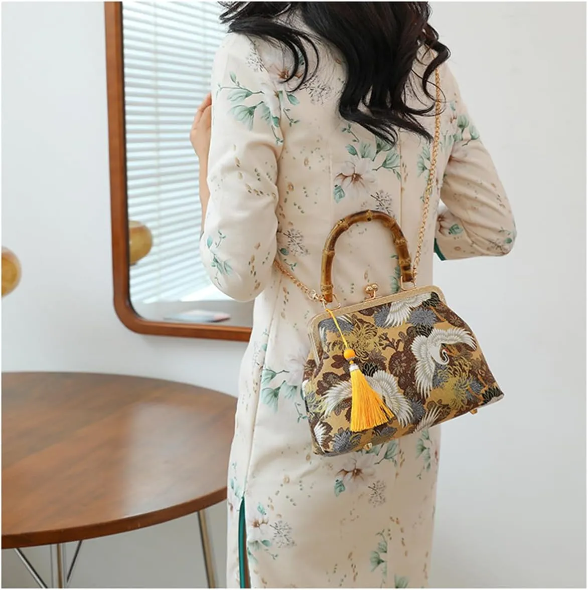 Bamboo Top-Handle Handbag Women's Shoulder Crossbody Bag for Women