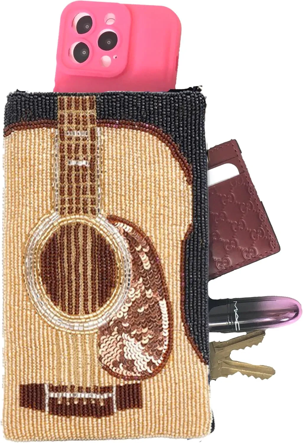 Bamboo Trading Company Country Rocker Guitar Club Bag Beaded Phone Crossbody, Brown Multi