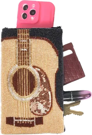 Bamboo Trading Company Country Rocker Guitar Club Bag Beaded Phone Crossbody, Brown Multi