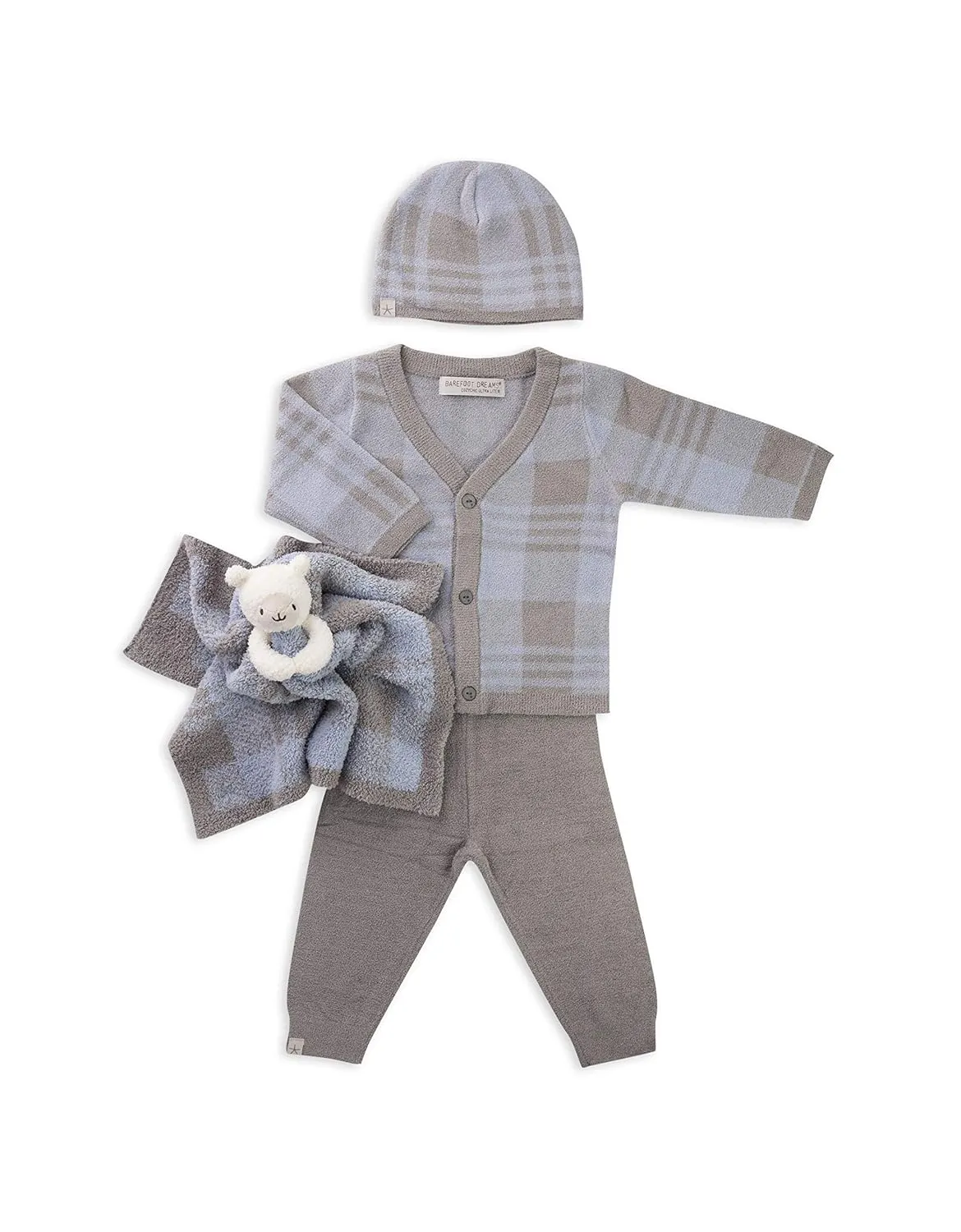 Barefoot Dreams CozyChic Ultra Lite Plaid Baby Bundle, 4 Pcs, Dove Gray, 12-18m