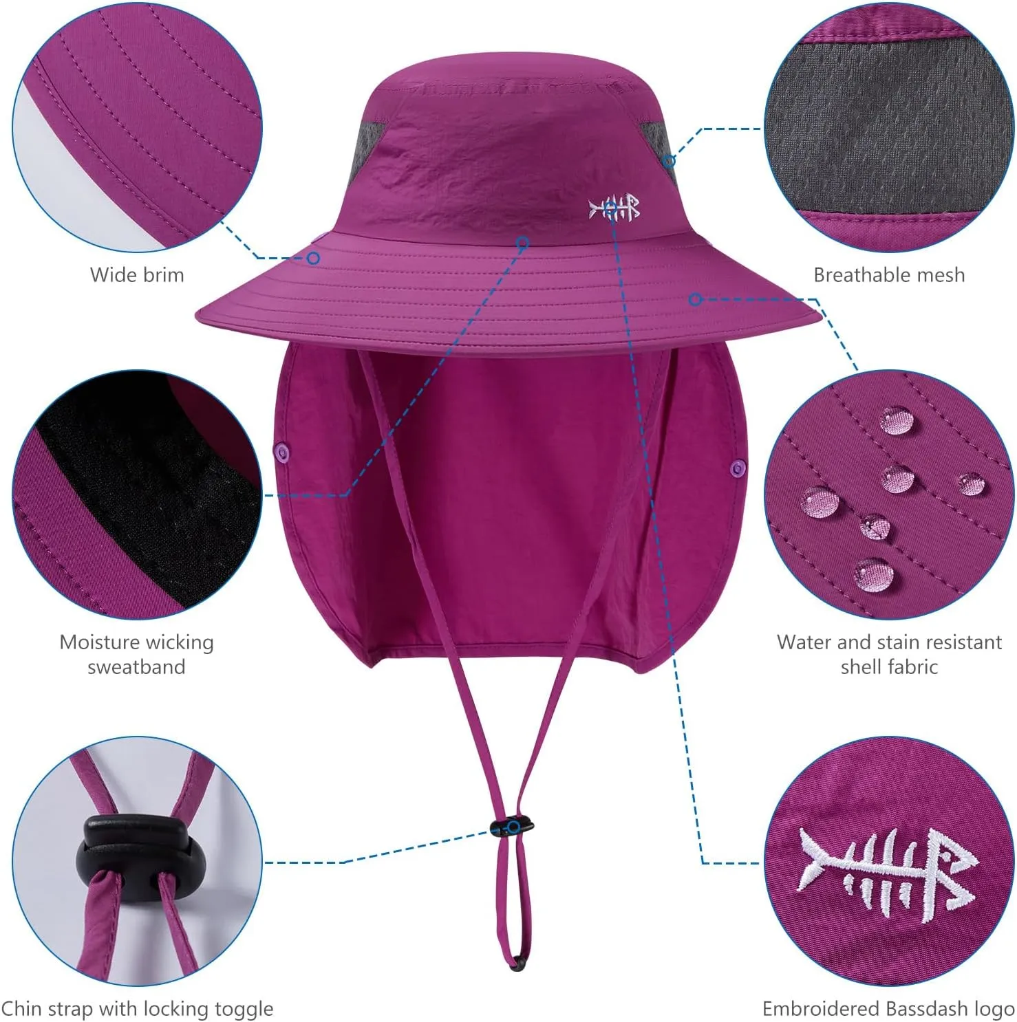 BASSDASH UPF 50  Breathable Sun Hat with Removable Face Cover and Neck Flap Wide Brim Bucket Hat for Fishing Hiking Men Women