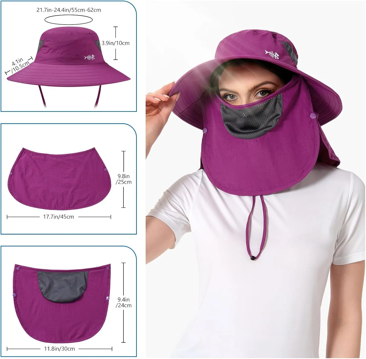 BASSDASH UPF 50  Breathable Sun Hat with Removable Face Cover and Neck Flap Wide Brim Bucket Hat for Fishing Hiking Men Women