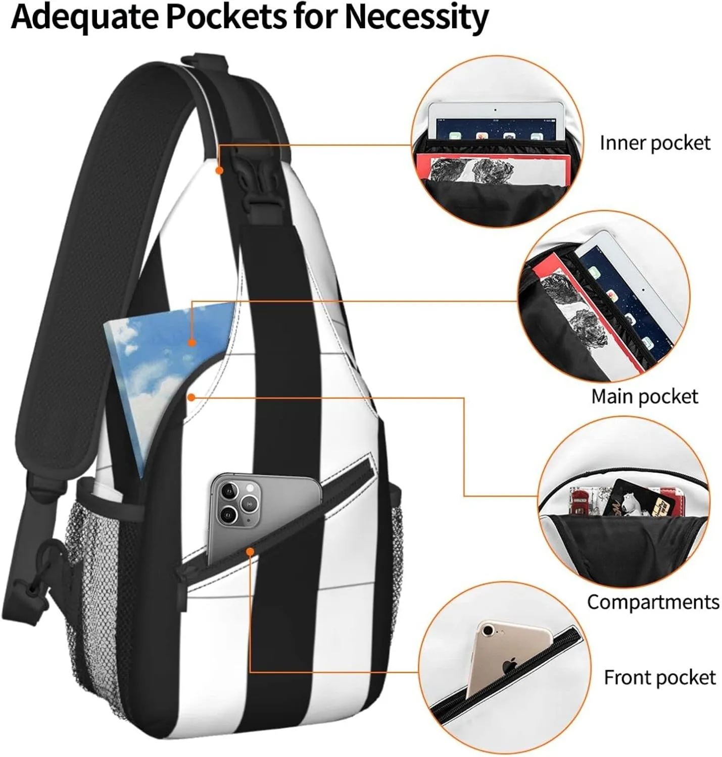 bassyil Black White Striped Sling Bag Crossbody Travel Hiking Chest Backpack Shoulder Daypack for Women Men One