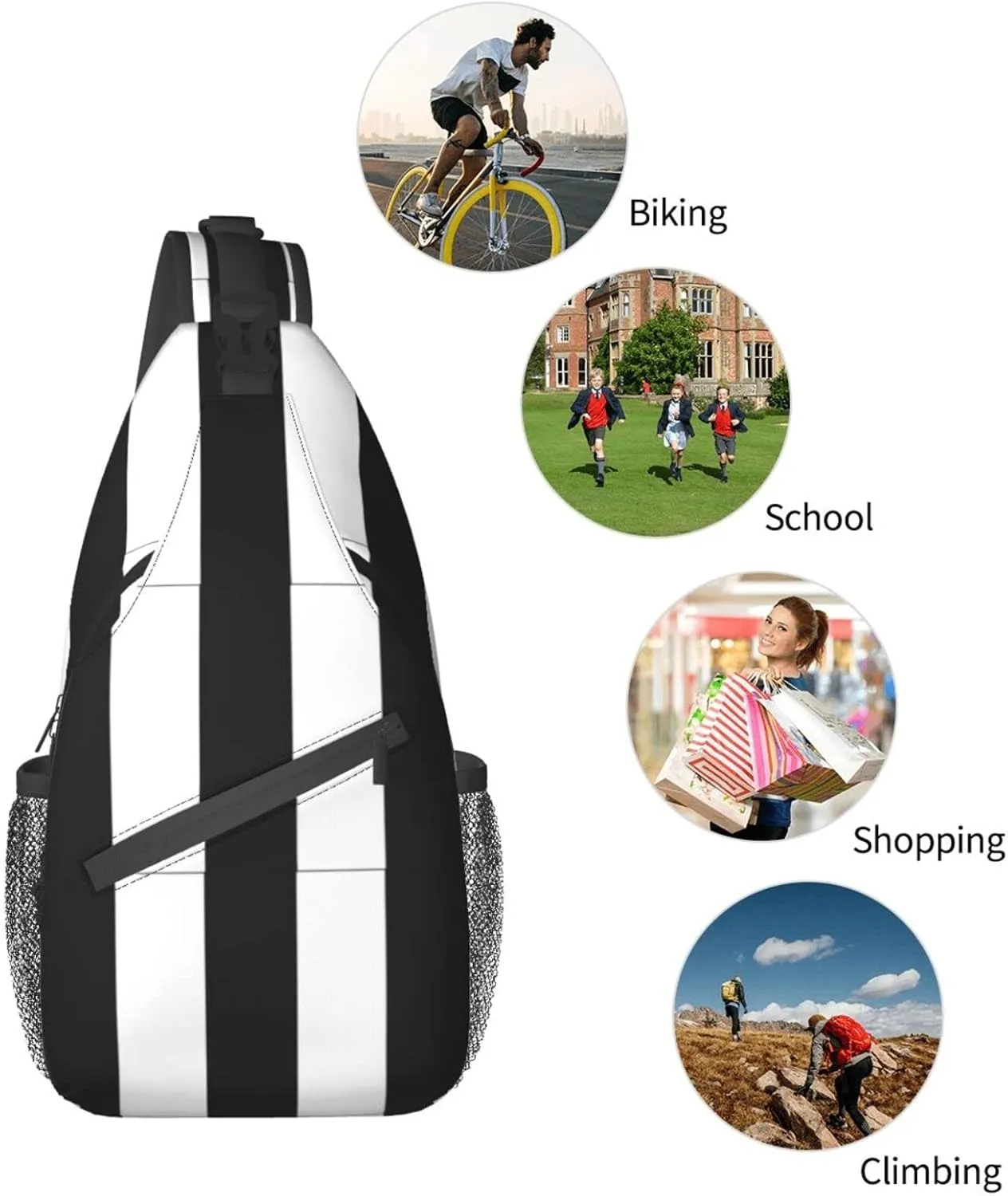 bassyil Black White Striped Sling Bag Crossbody Travel Hiking Chest Backpack Shoulder Daypack for Women Men One
