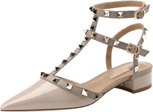 bbruriy Womens Heeled Sandals with Studs Pointed Toe T-Strap Chunky high heels Studded low Heel Slingback Party Daily Wear Evening Dress Shoes
