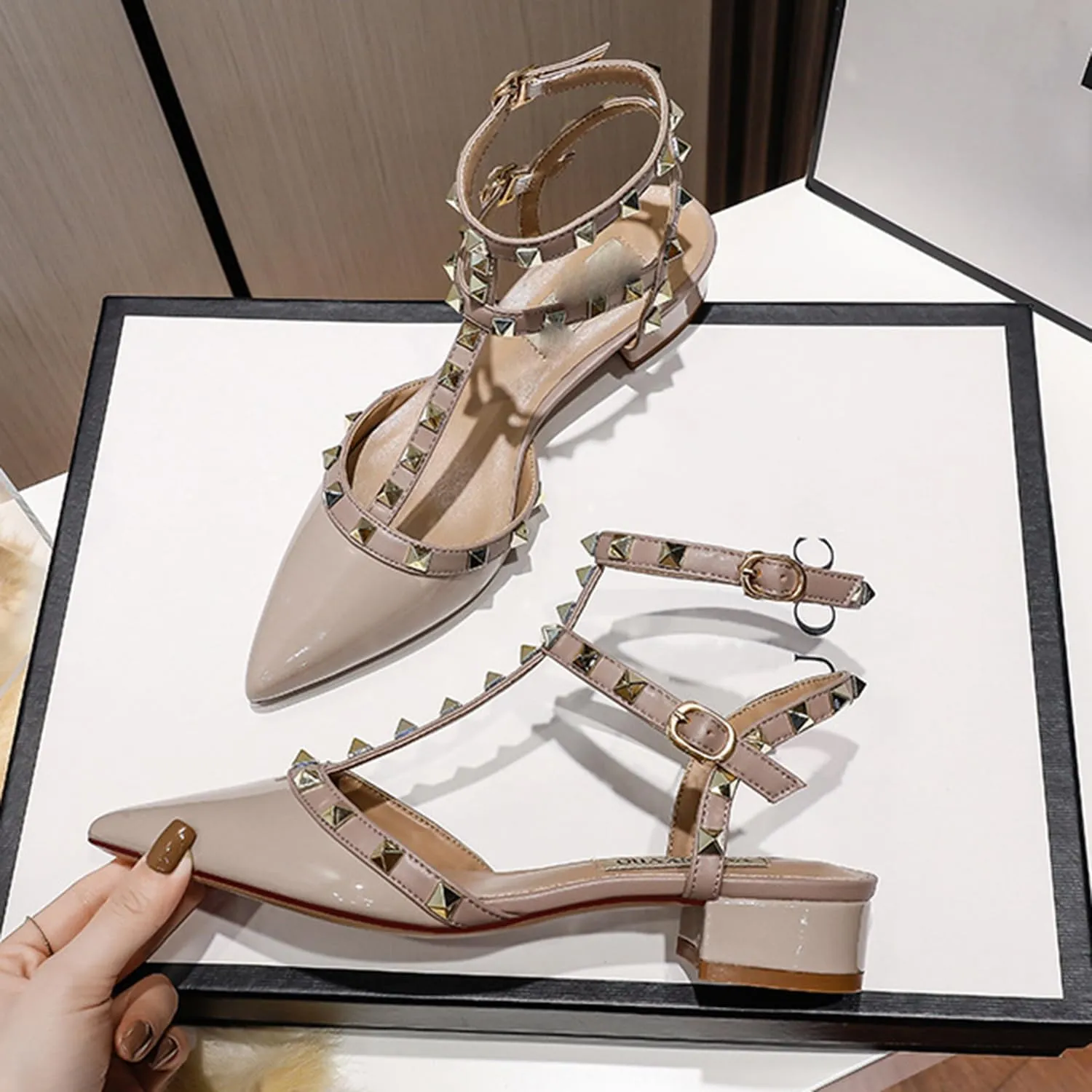 bbruriy Womens Heeled Sandals with Studs Pointed Toe T-Strap Chunky high heels Studded low Heel Slingback Party Daily Wear Evening Dress Shoes