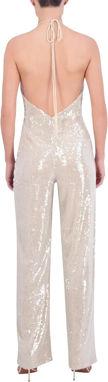 BCBGMAXAZRIA Women's Sleeveless Sequin Halter Wide Leg Jumpsuit