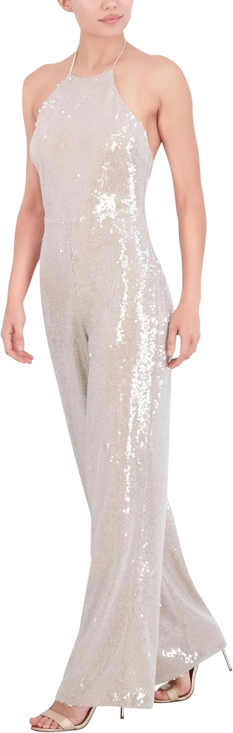 BCBGMAXAZRIA Women's Sleeveless Sequin Halter Wide Leg Jumpsuit