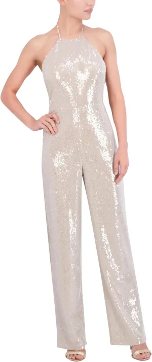 BCBGMAXAZRIA Women's Sleeveless Sequin Halter Wide Leg Jumpsuit