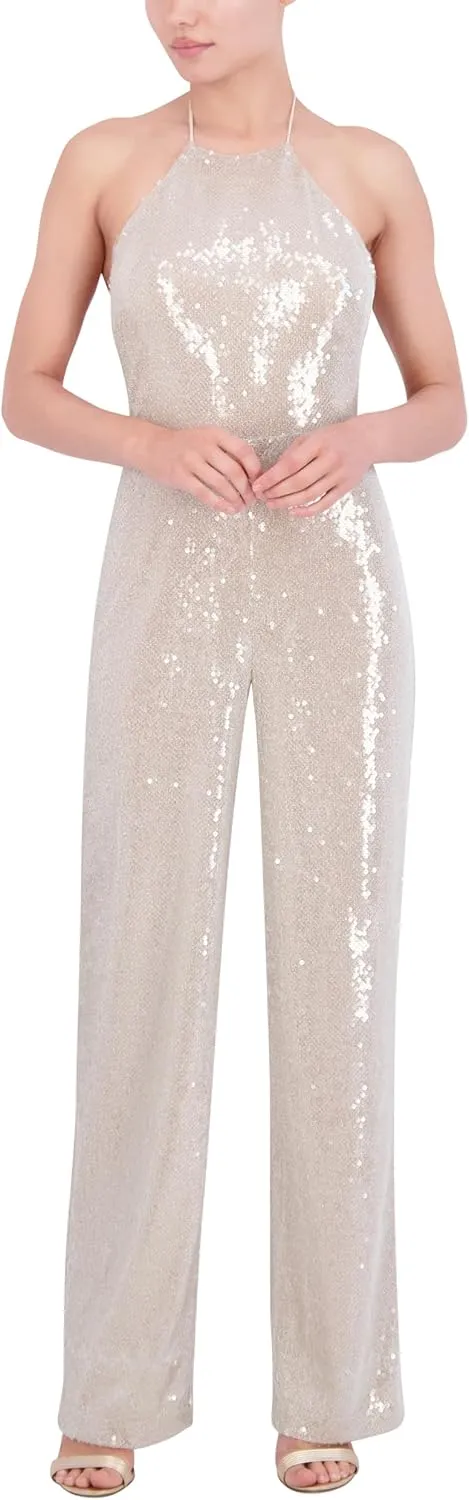 BCBGMAXAZRIA Women's Sleeveless Sequin Halter Wide Leg Jumpsuit