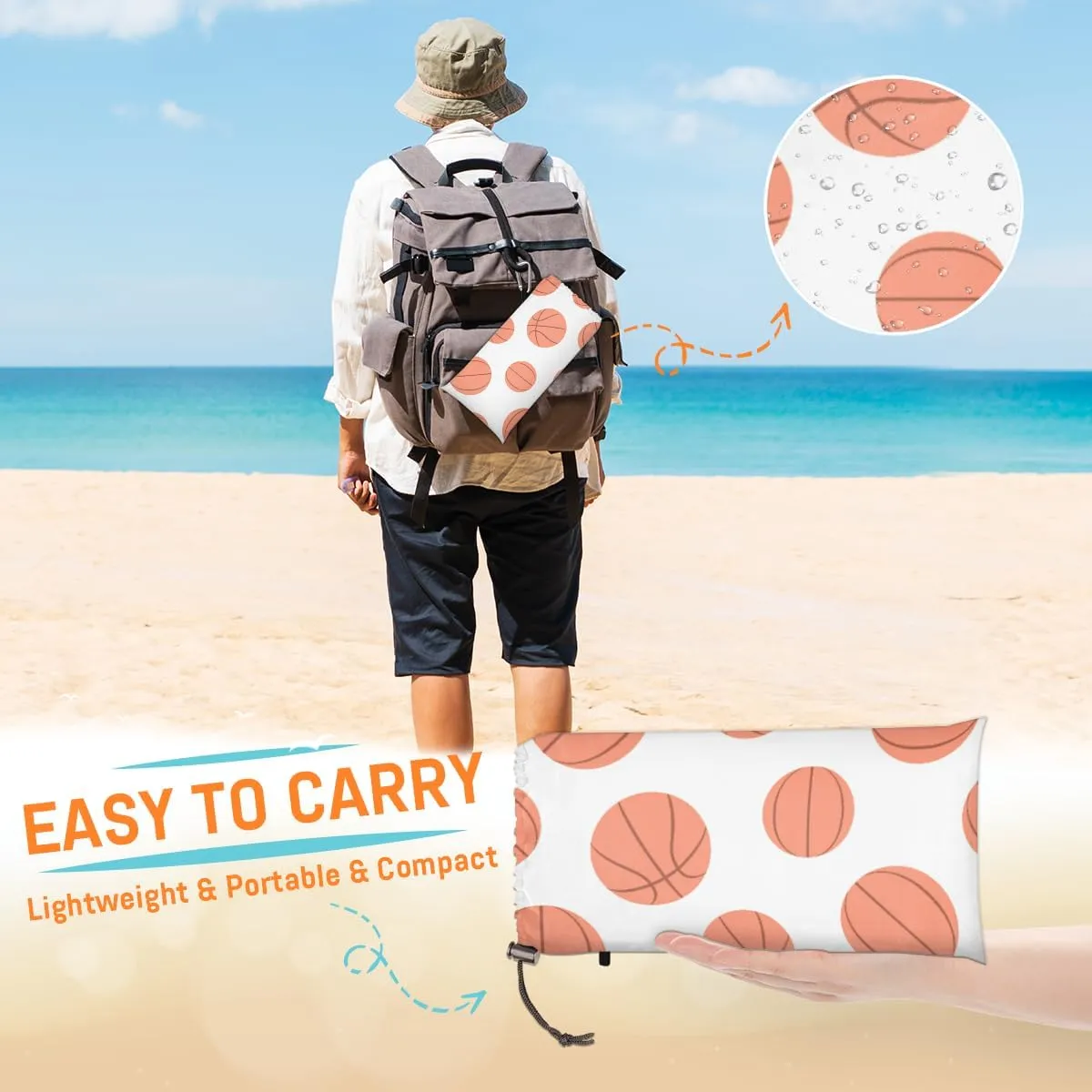 Beach Blanket, Basketball Sandproof Beach Mat, Waterproof Quick Drying Sand Free Mat with 4 x Ground Spikes for Outdoor Travel Camping Hiking, Basketball Pattern 68 x 59 in