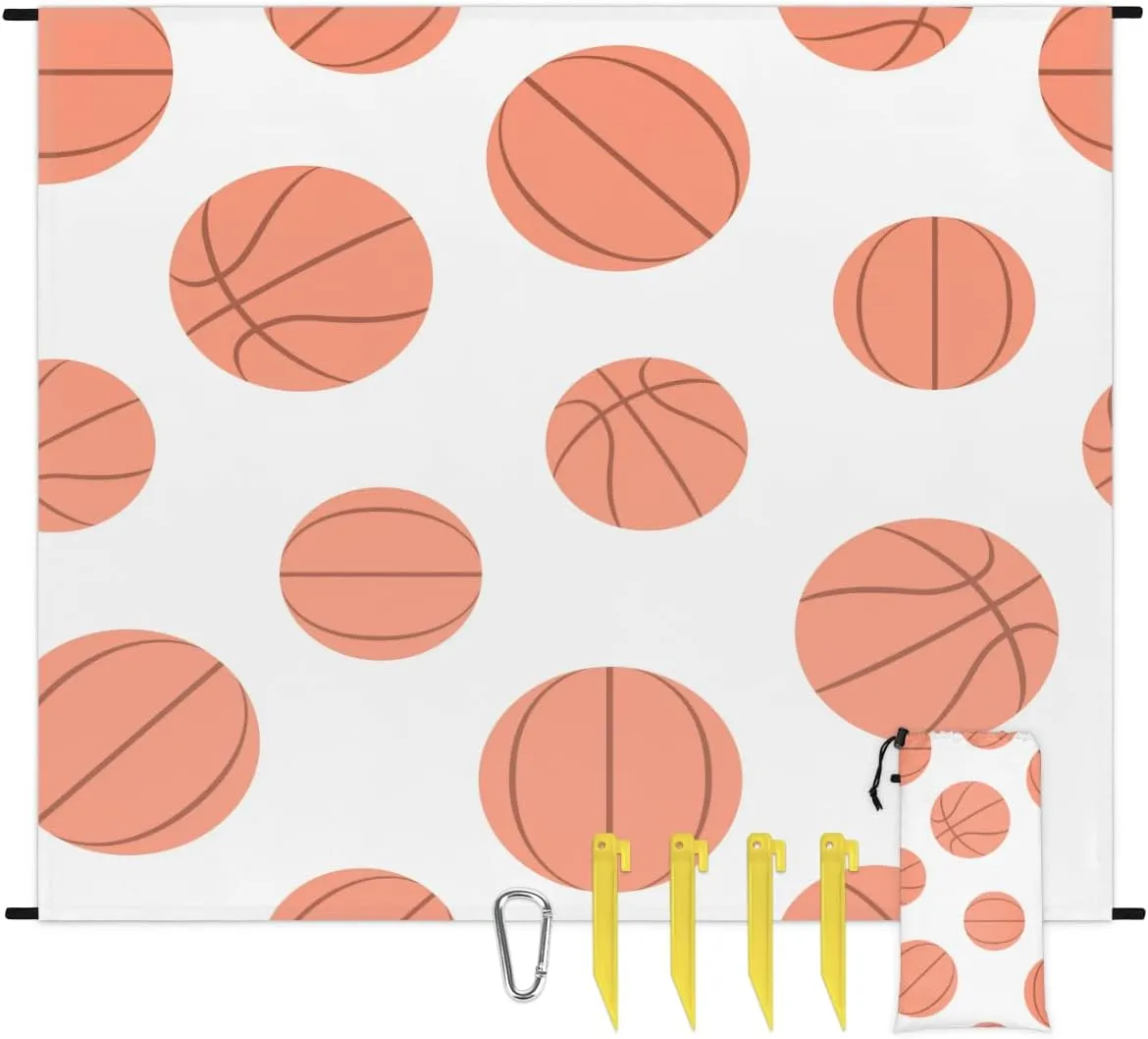 Beach Blanket, Basketball Sandproof Beach Mat, Waterproof Quick Drying Sand Free Mat with 4 x Ground Spikes for Outdoor Travel Camping Hiking, Basketball Pattern 68 x 59 in