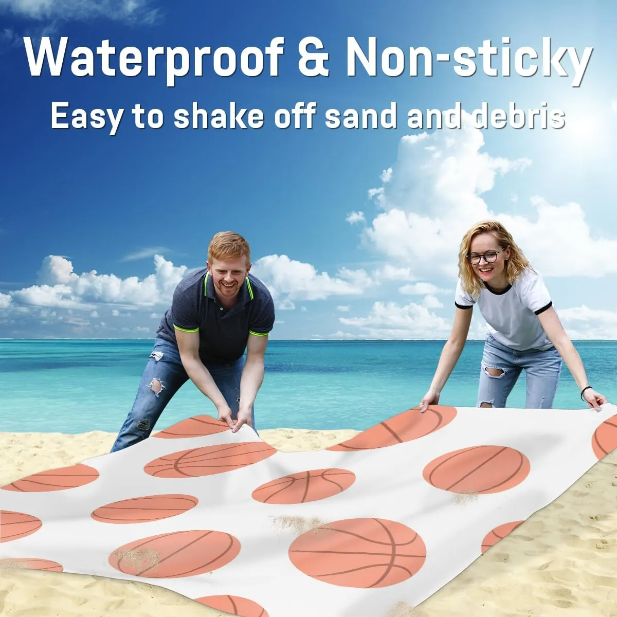 Beach Blanket, Basketball Sandproof Beach Mat, Waterproof Quick Drying Sand Free Mat with 4 x Ground Spikes for Outdoor Travel Camping Hiking, Basketball Pattern 68 x 59 in