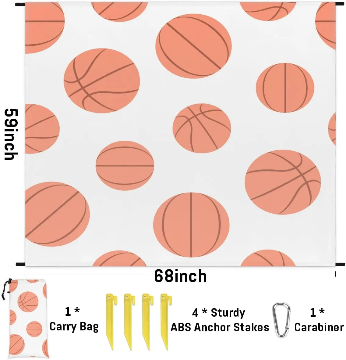 Beach Blanket, Basketball Sandproof Beach Mat, Waterproof Quick Drying Sand Free Mat with 4 x Ground Spikes for Outdoor Travel Camping Hiking, Basketball Pattern 68 x 59 in