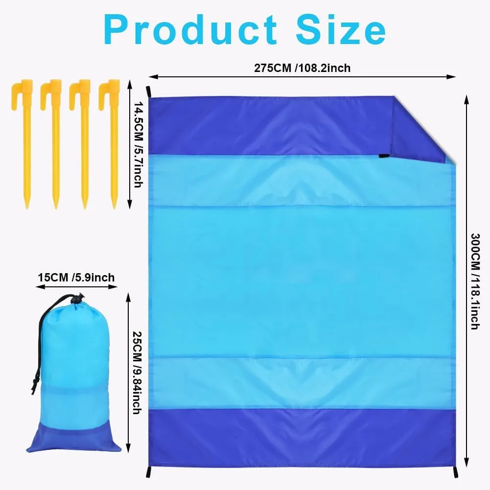 Beach Blanket Beach Mat, Sandproof Waterproof Beach Mat, Extra Large 108 * 118 in (8-10People) Picnic Blanket with 1 Storage Bag, 1 Carabiner & 4 Fixed Nails for Beach, Camping, Hiking, Picnic