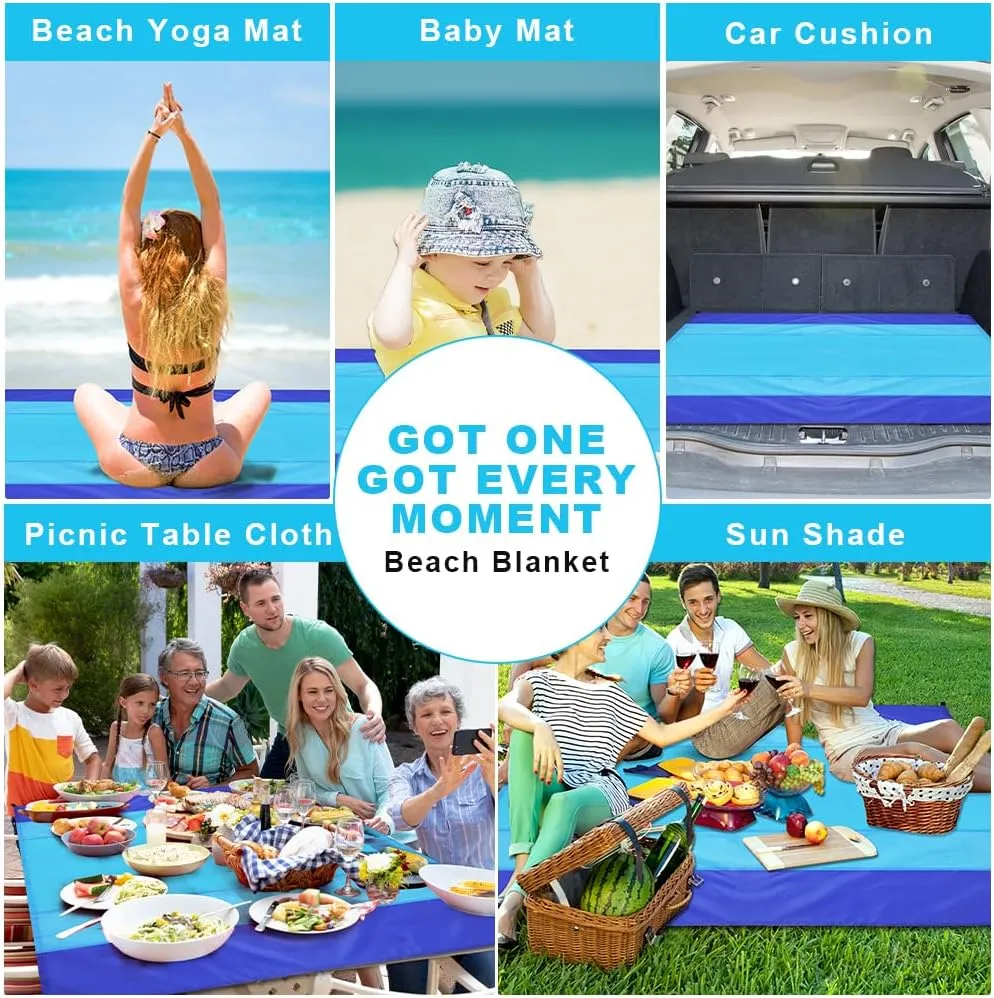Beach Blanket Beach Mat, Sandproof Waterproof Beach Mat, Extra Large 108 * 118 in (8-10People) Picnic Blanket with 1 Storage Bag, 1 Carabiner & 4 Fixed Nails for Beach, Camping, Hiking, Picnic