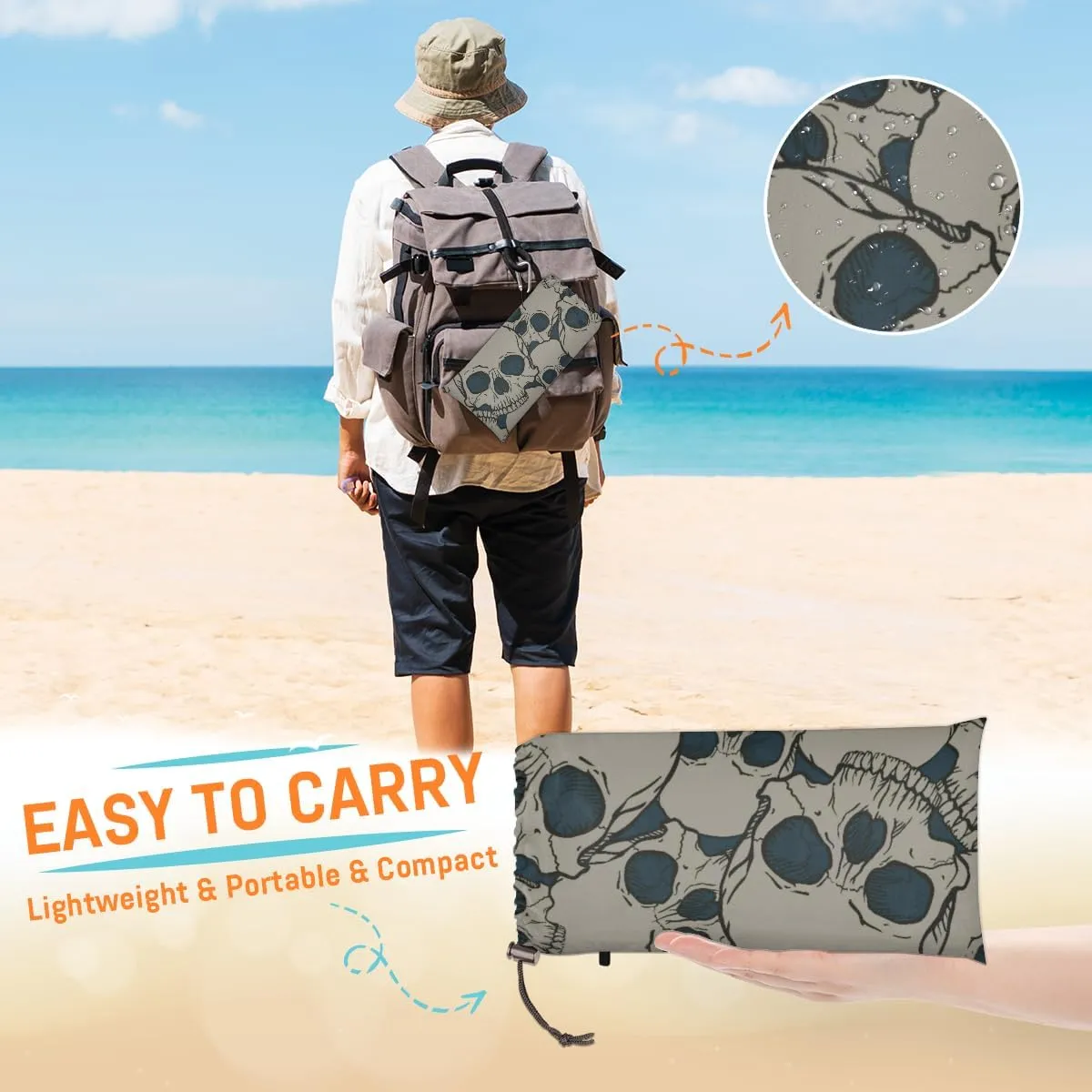 Beach Blanket, Black Skull Sandproof Beach Mat, Waterproof Quick Drying Sand Free Mat with 4 x Ground Spikes for Outdoor Travel Camping Hiking, Skull Skeleton 68 x 59 in