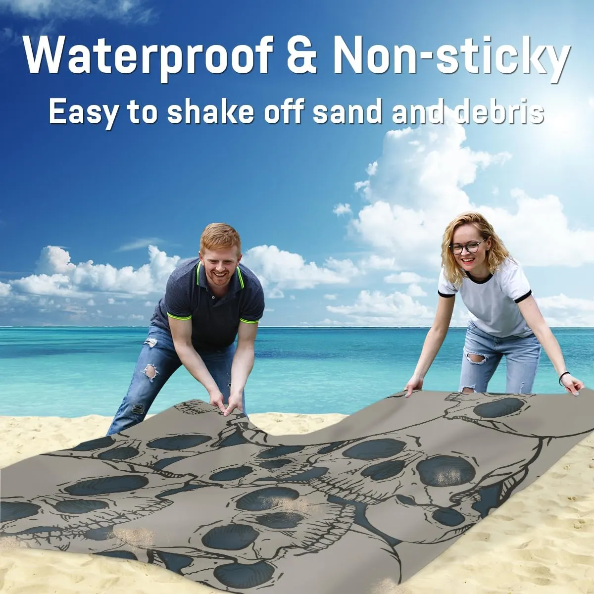 Beach Blanket, Black Skull Sandproof Beach Mat, Waterproof Quick Drying Sand Free Mat with 4 x Ground Spikes for Outdoor Travel Camping Hiking, Skull Skeleton 68 x 59 in