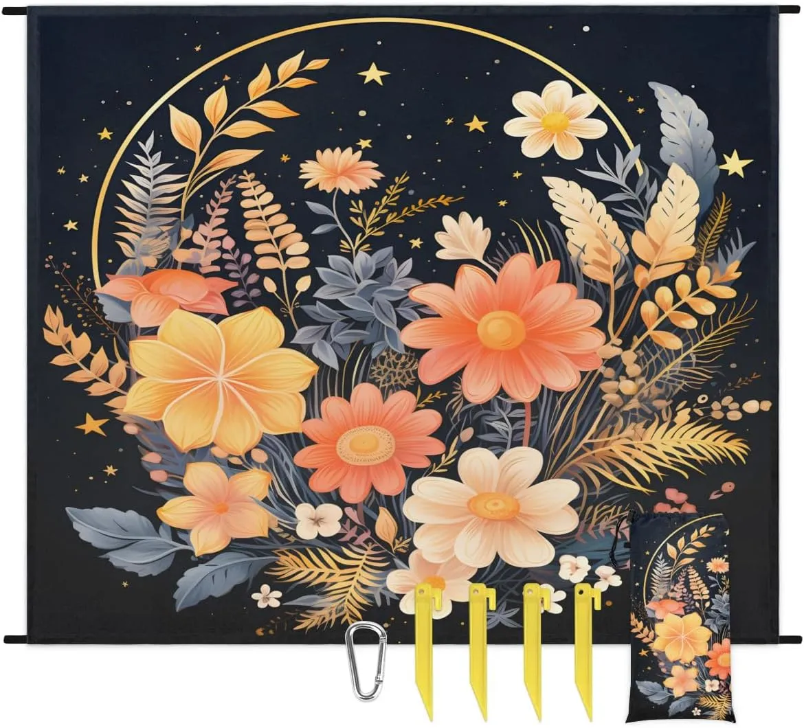 Beach Blanket, Boho Floral Sandproof Beach Mat, Waterproof Quick Drying Sand Free Mat with 4 x Ground Spikes for Outdoor Travel Camping Hiking, Abstract Bohemian Flowers 68 x 59 in