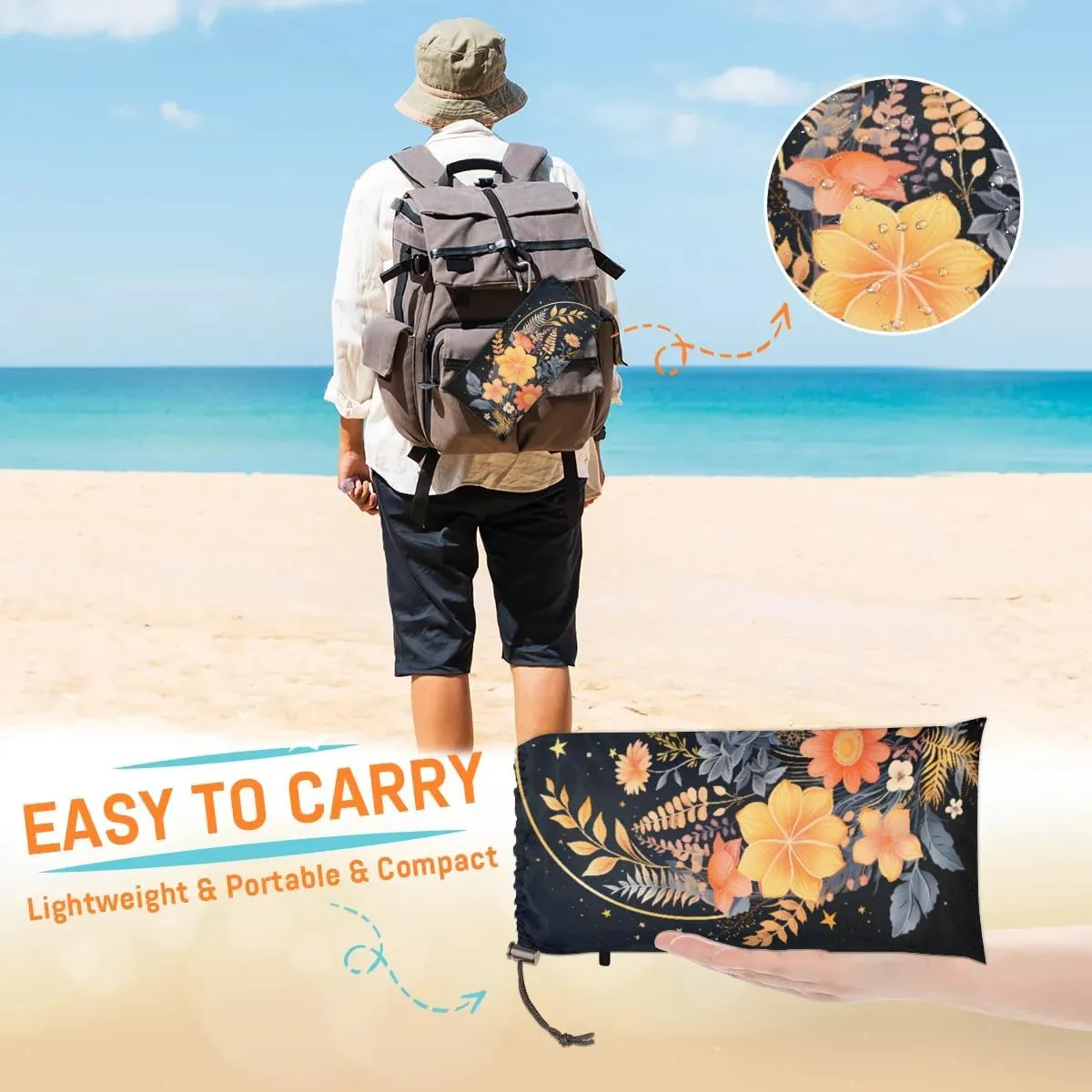 Beach Blanket, Boho Floral Sandproof Beach Mat, Waterproof Quick Drying Sand Free Mat with 4 x Ground Spikes for Outdoor Travel Camping Hiking, Abstract Bohemian Flowers 68 x 59 in