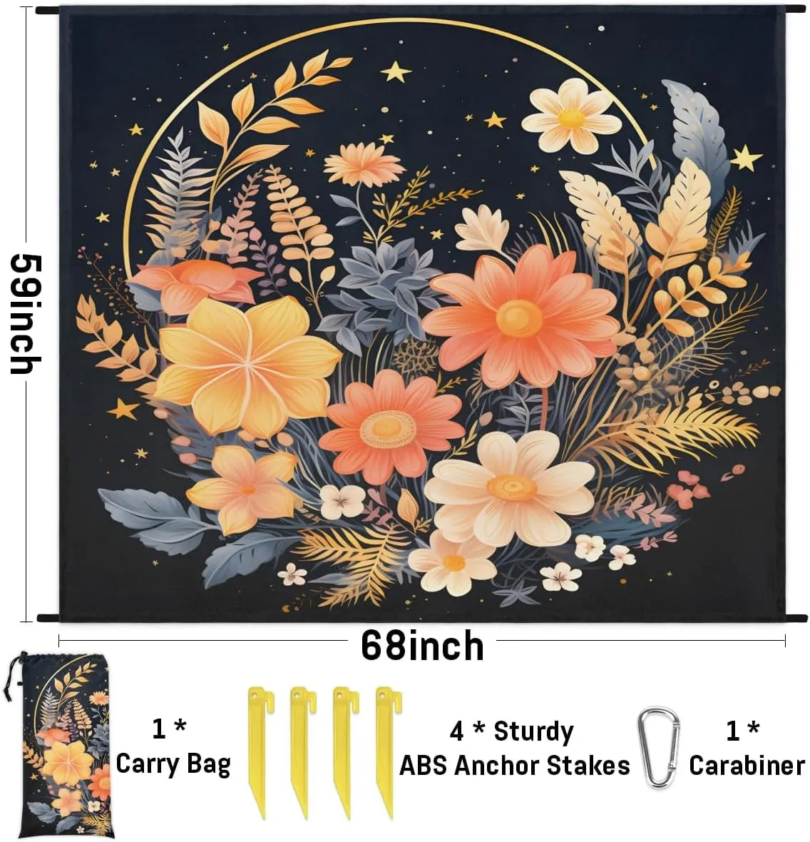 Beach Blanket, Boho Floral Sandproof Beach Mat, Waterproof Quick Drying Sand Free Mat with 4 x Ground Spikes for Outdoor Travel Camping Hiking, Abstract Bohemian Flowers 68 x 59 in