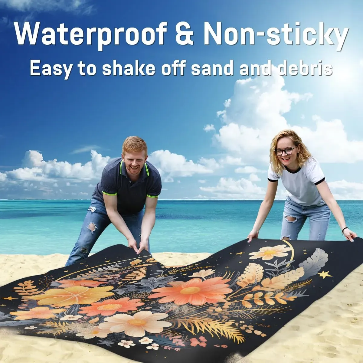 Beach Blanket, Boho Floral Sandproof Beach Mat, Waterproof Quick Drying Sand Free Mat with 4 x Ground Spikes for Outdoor Travel Camping Hiking, Abstract Bohemian Flowers 68 x 59 in