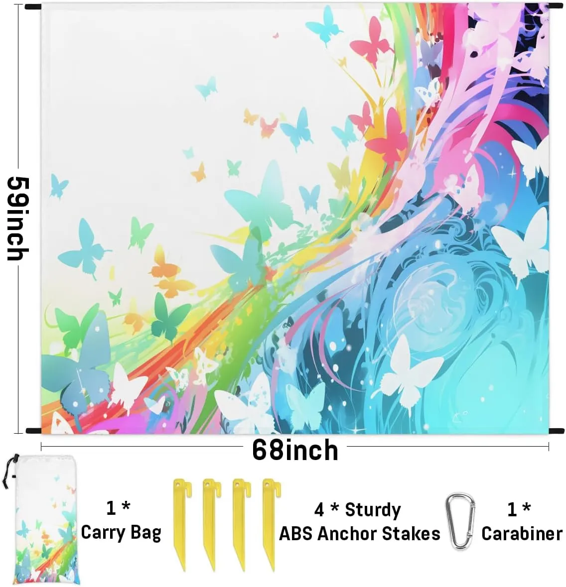 Beach Blanket, Butterfly Rainbow Sandproof Beach Mat, Waterproof Quick Drying Sand Free Mat with 4 x Ground Spikes for Outdoor Travel Camping Hiking, Butterfly Silhouette 68 x 59 in