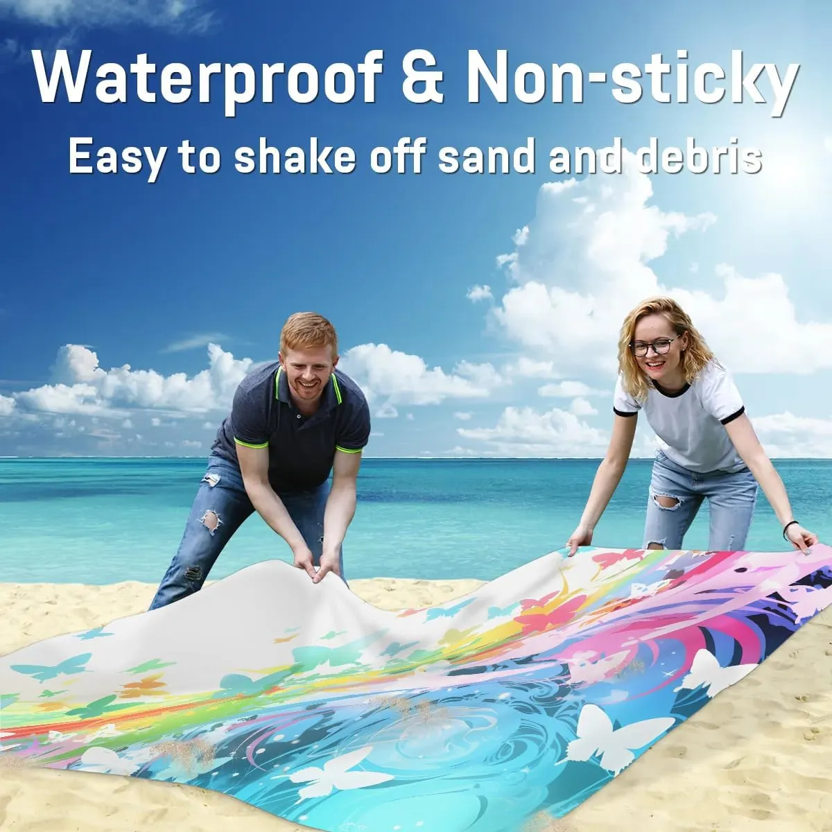 Beach Blanket, Butterfly Rainbow Sandproof Beach Mat, Waterproof Quick Drying Sand Free Mat with 4 x Ground Spikes for Outdoor Travel Camping Hiking, Butterfly Silhouette 68 x 59 in