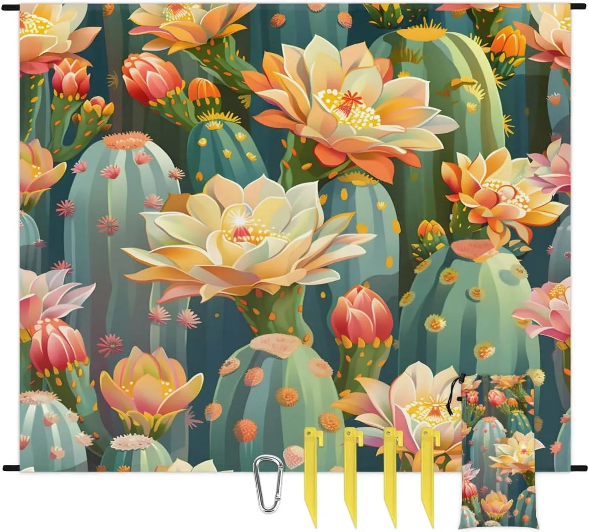 Beach Blanket, Cactus Sandproof Beach Mat, Waterproof Quick Drying Sand Free Mat with 4 x Ground Spikes for Outdoor Travel Camping Hiking, Cacti Spikes and Red Flowers 68 x 59 in