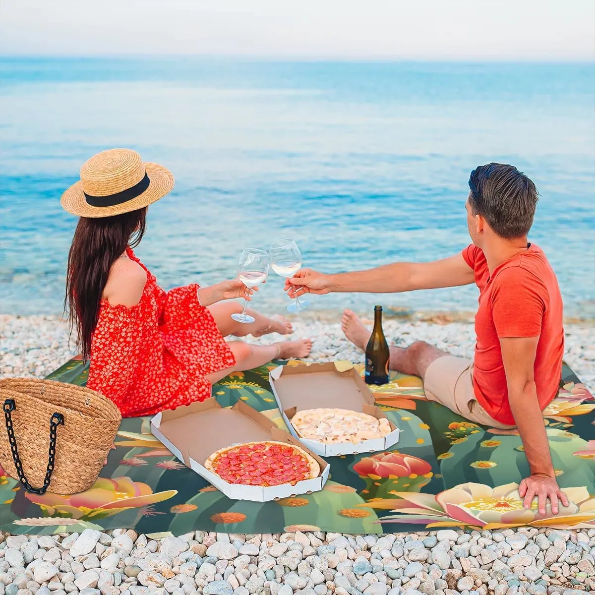 Beach Blanket, Cactus Sandproof Beach Mat, Waterproof Quick Drying Sand Free Mat with 4 x Ground Spikes for Outdoor Travel Camping Hiking, Cacti Spikes and Red Flowers 68 x 59 in