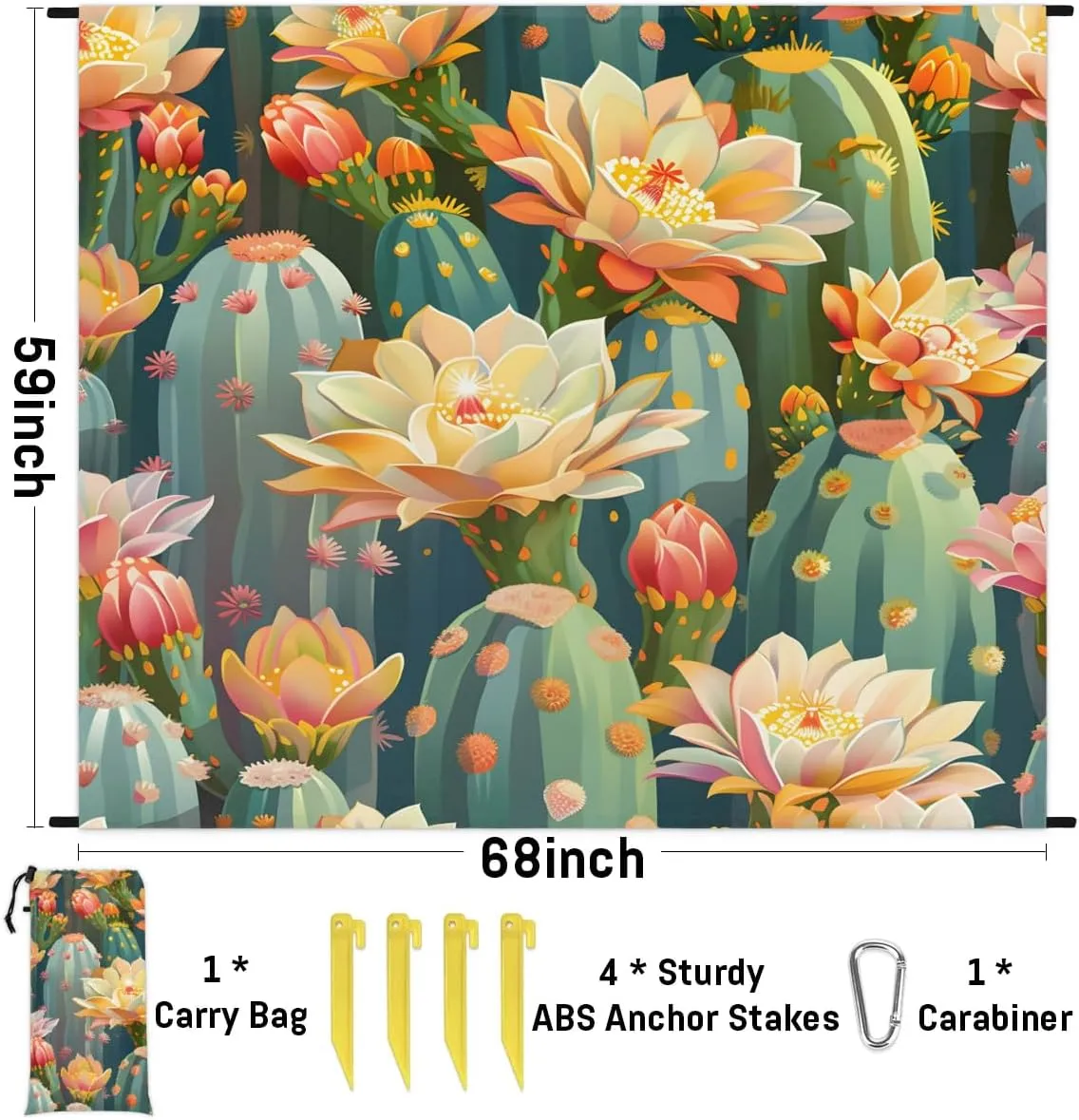 Beach Blanket, Cactus Sandproof Beach Mat, Waterproof Quick Drying Sand Free Mat with 4 x Ground Spikes for Outdoor Travel Camping Hiking, Cacti Spikes and Red Flowers 68 x 59 in