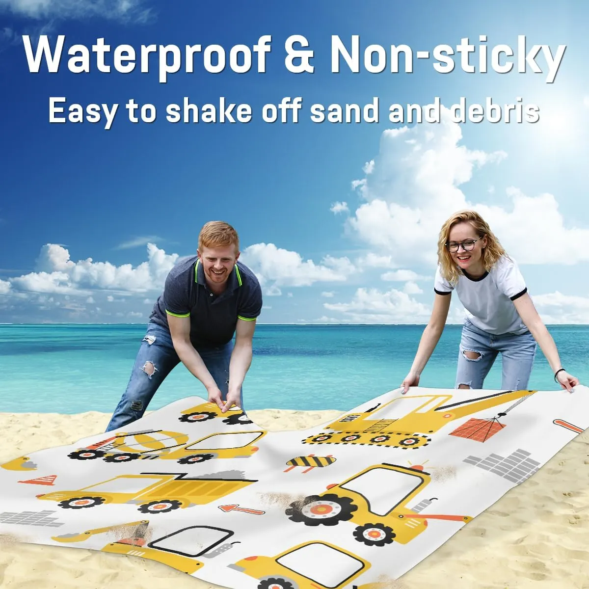 Beach Blanket, Cartoon Car Sandproof Beach Mat, Waterproof Quick Drying Sand Free Mat with 4 x Ground Spikes for Outdoor Travel Camping Hiking, Construction Truck 68 x 59 in