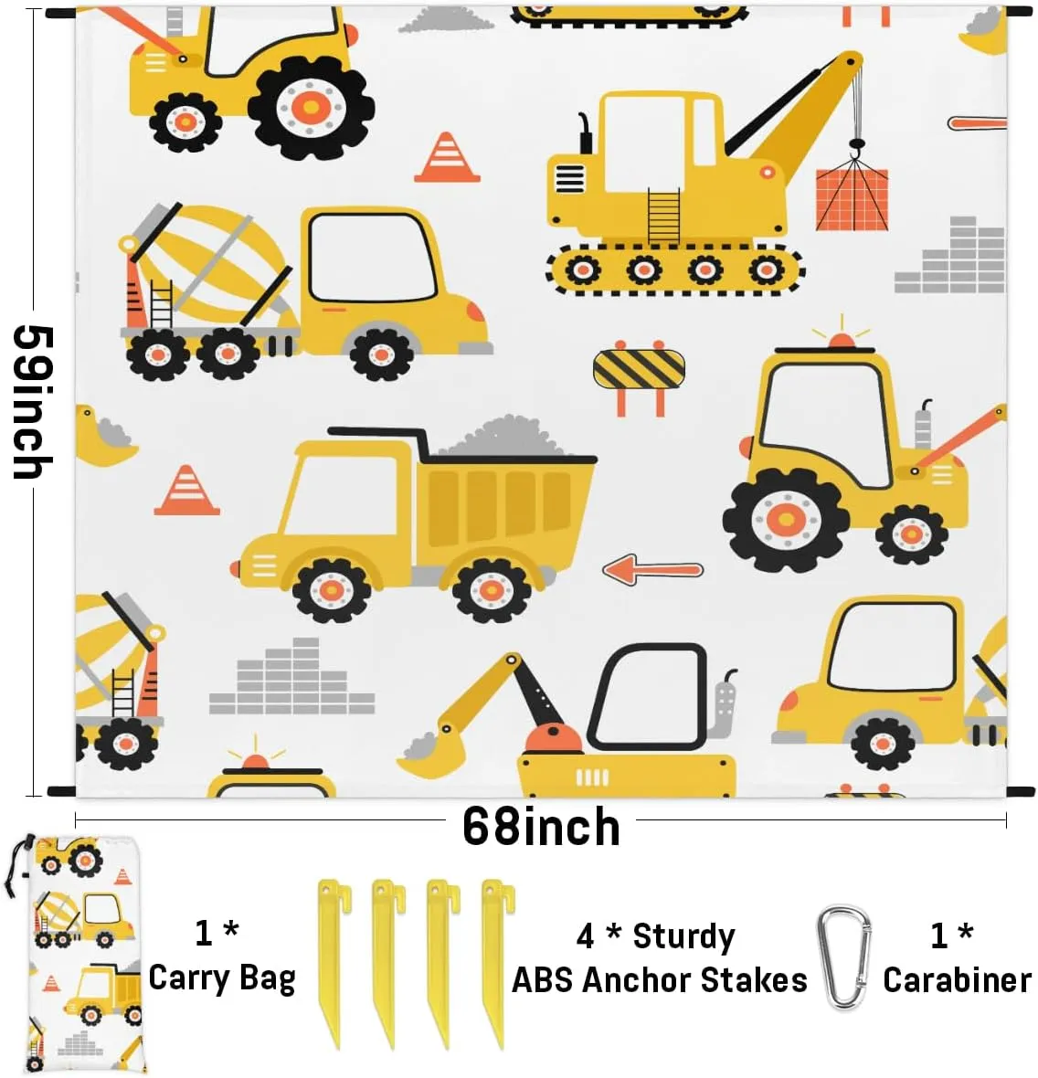Beach Blanket, Cartoon Car Sandproof Beach Mat, Waterproof Quick Drying Sand Free Mat with 4 x Ground Spikes for Outdoor Travel Camping Hiking, Construction Truck 68 x 59 in
