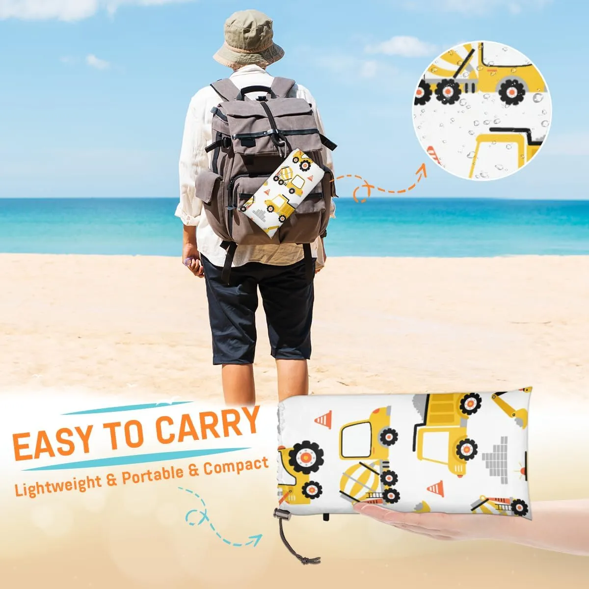 Beach Blanket, Cartoon Car Sandproof Beach Mat, Waterproof Quick Drying Sand Free Mat with 4 x Ground Spikes for Outdoor Travel Camping Hiking, Construction Truck 68 x 59 in