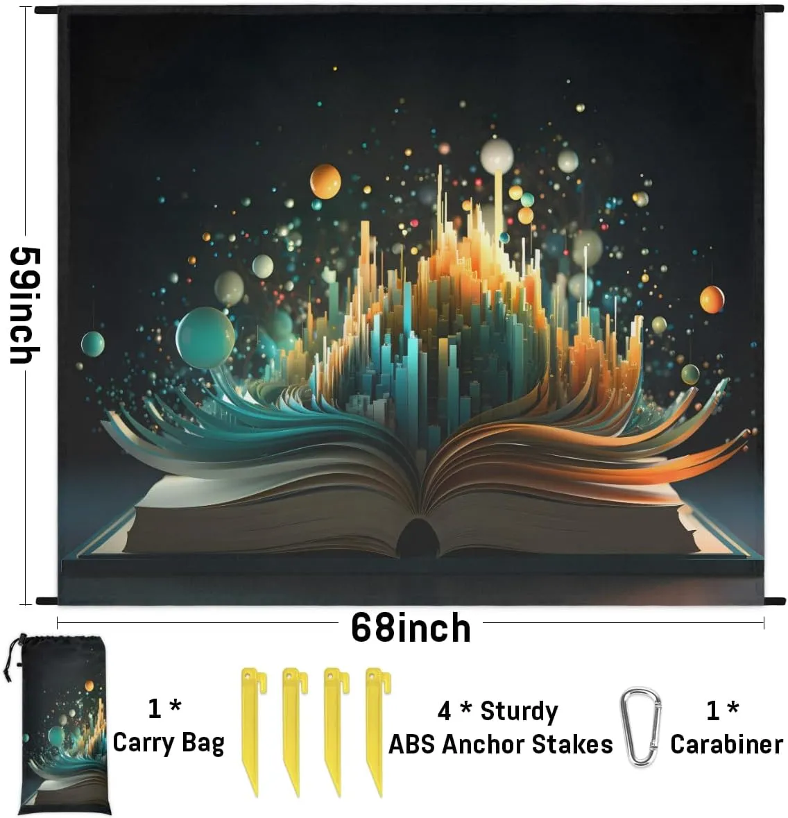 Beach Blanket, Colorful Books Sandproof Beach Mat, Waterproof Quick Drying Sand Free Mat with 4 x Ground Spikes for Outdoor Travel Camping Hiking, Books Theme 68 x 59 in